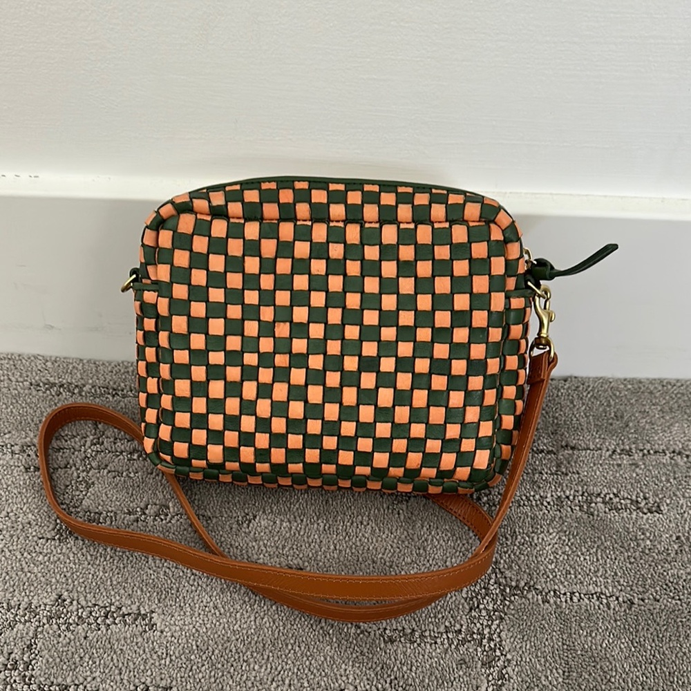 Clare V midi sac green and coral woven